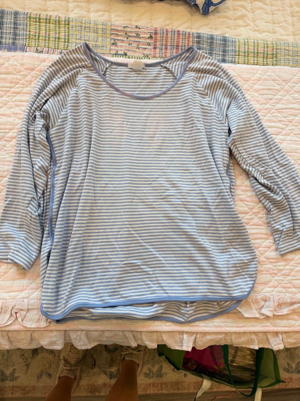 Striped Light Blue & White Women's Long Sleeve Pajama Top